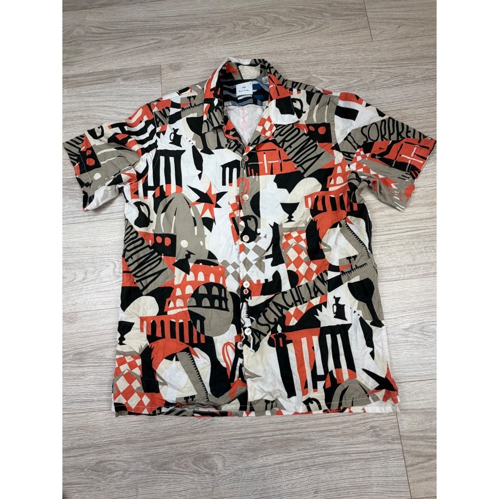 PS Paul Smith Mens Abstract Graphic Print Button Up Shirt Casual Fit Lyocell M